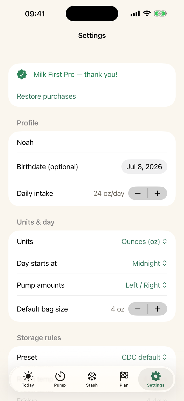 Milk First data settings with CSV export