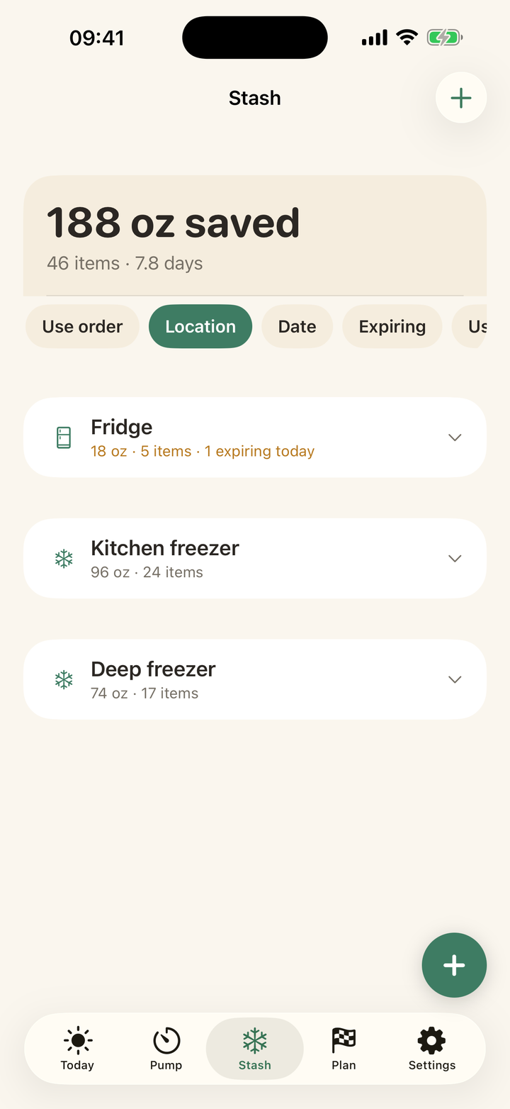 Milk First locations view with fridge, kitchen freezer, and deep freezer totals