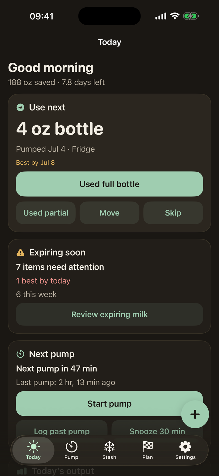 Milk First dark mode Today screen designed for 3 AM