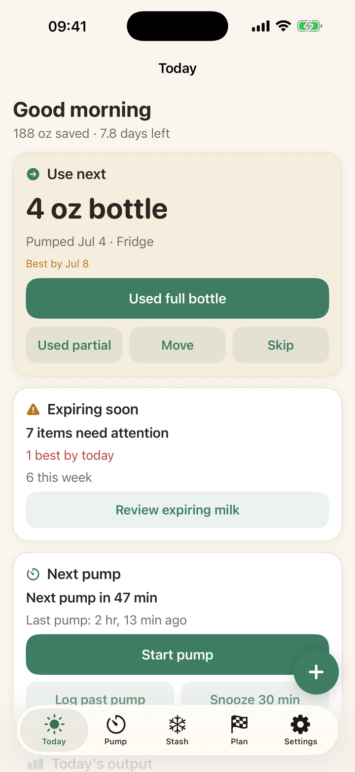 Milk First Today screen with the Use next card on top